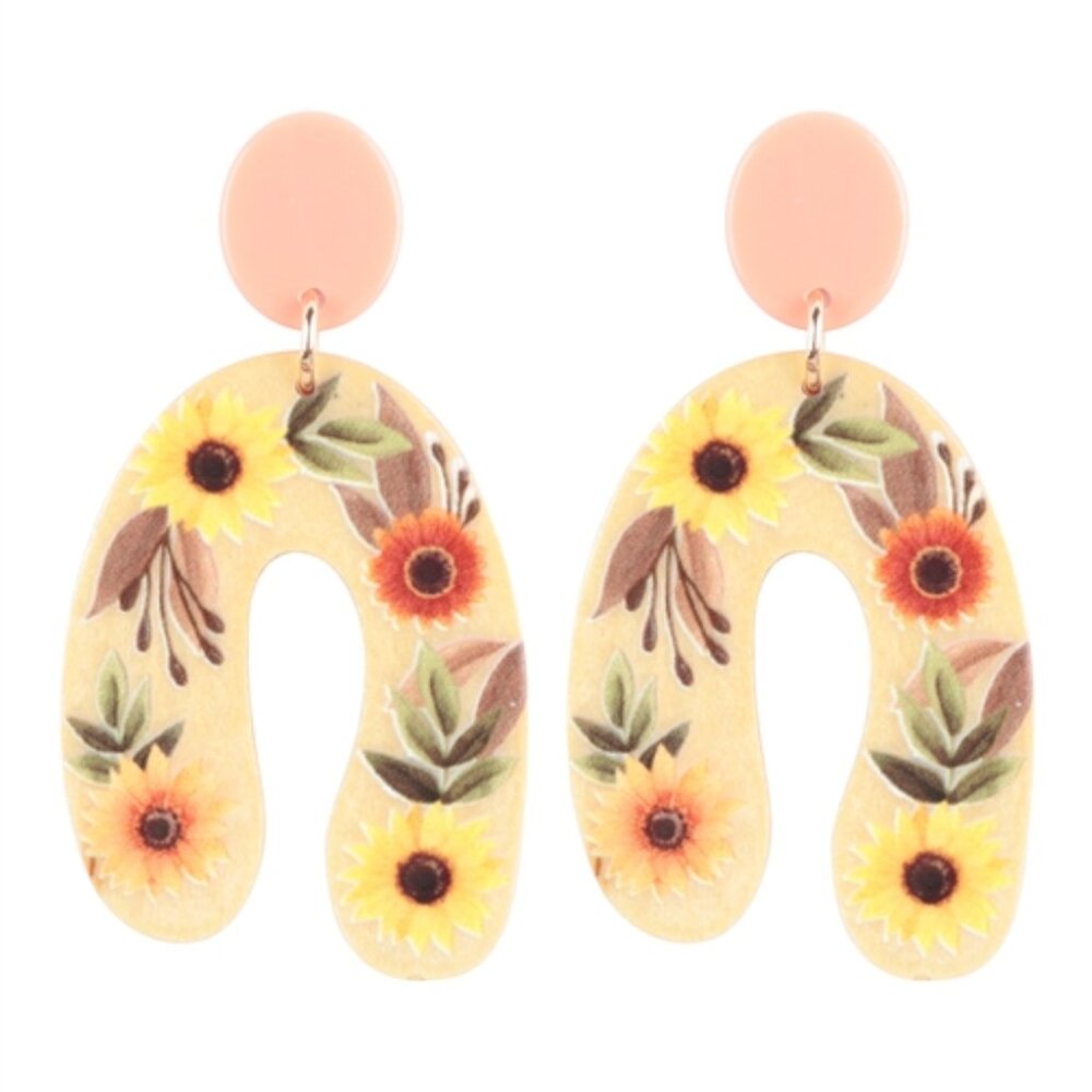 ARCH SUNFLOWER WOOD POST DANGLE EARRINGS-IVORY